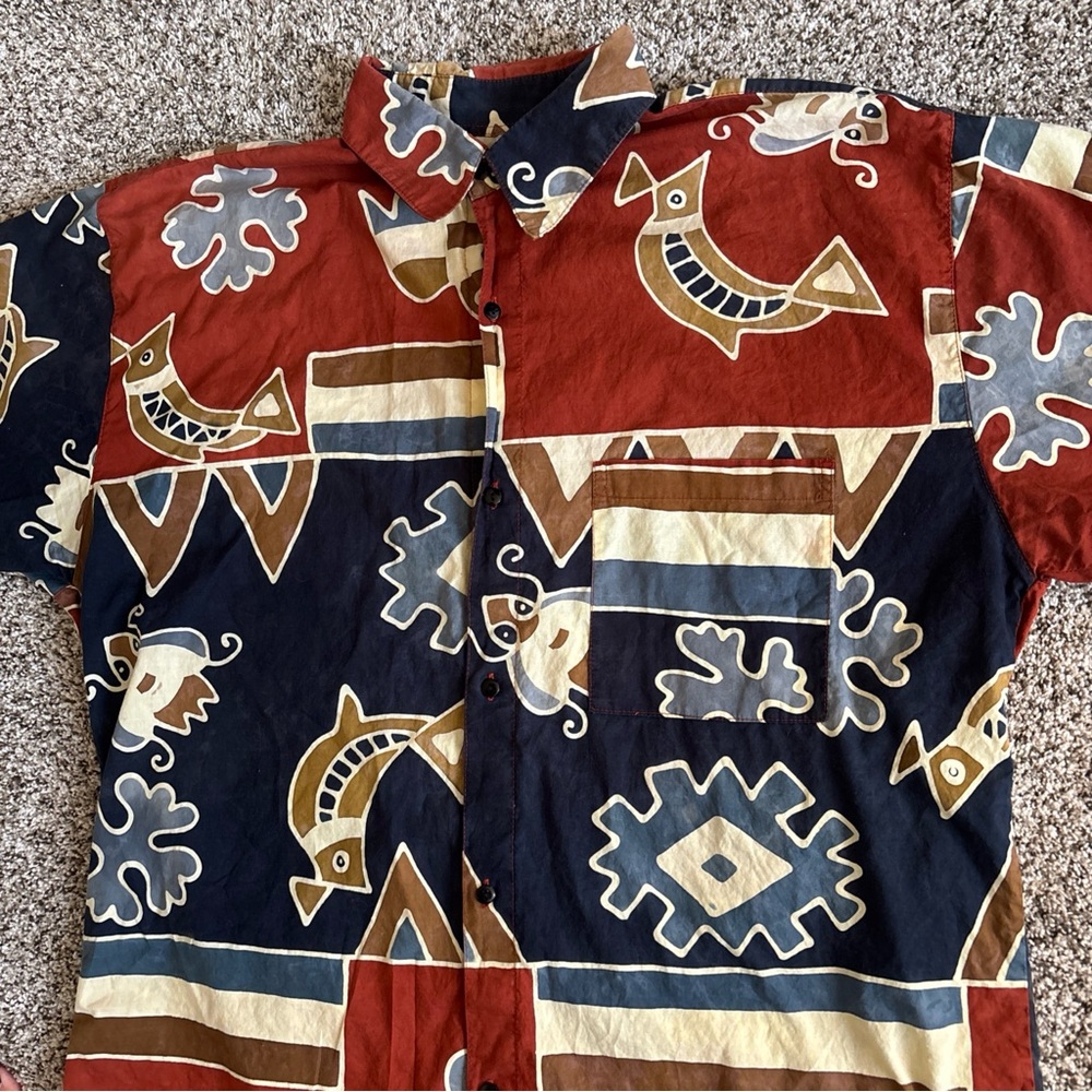 The Territory Ahead Shirt XXL Vintage 90s Abstract Tribal Print Button Up Cotton - Picture 2 of 11